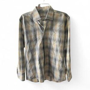 Marcello Sport Men’s Tan and Blue‎ Plaid Button Down Long Sleeve Shirt Medium